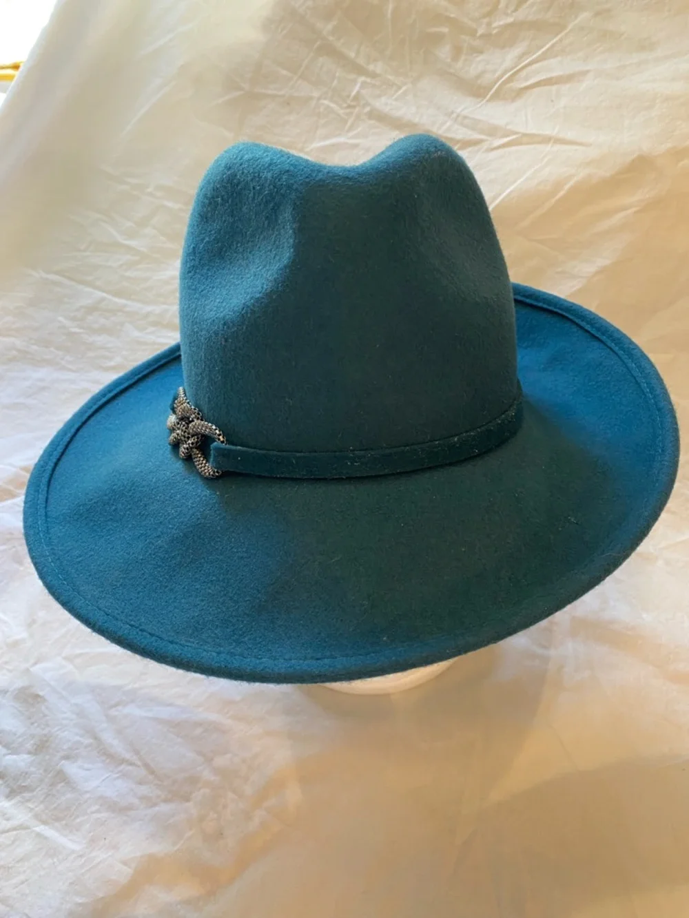Teal Scala Adjustable Wool Felt Wide-Brim Fedora Hat with Chain Accent